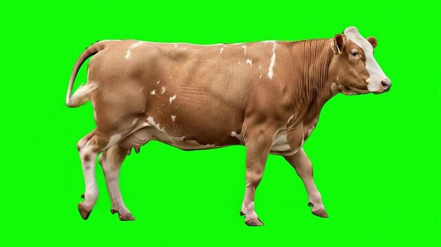 A full-body shot of a brown and white dairy cow walking slowly on a bright green screen background.