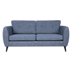 Modern blue upholstered sofa with sleek lines, textured fabric, and slim black legs. A minimalist design combining comfort, style, and cool tones for contemporary living spaces