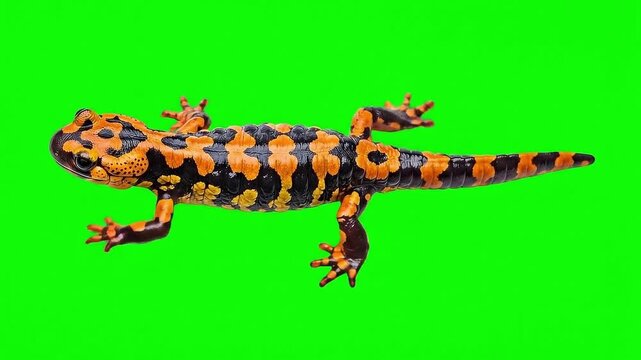 A top-down 3D animated view of a colorful black and orange salamander crawling on a bright green screen.