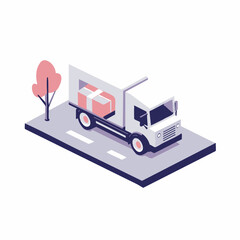 Isometric Delivery Truck Transporting Package. Flat Vector Illustration of Shipping Logistics & Cargo Service.