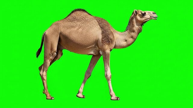A brown dromedary camel with a single hump walks slowly across a bright green screen for easy isolation.