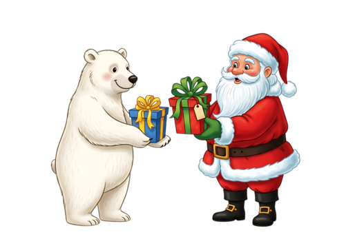 Friendly polar bear and santa claus exchanging festive gift boxes isolated on transparent background