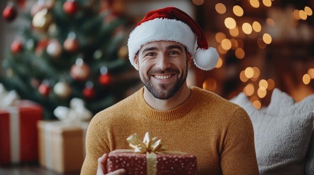 Man in Santa hat having video call with family, holding gift, home decorated for holidays,