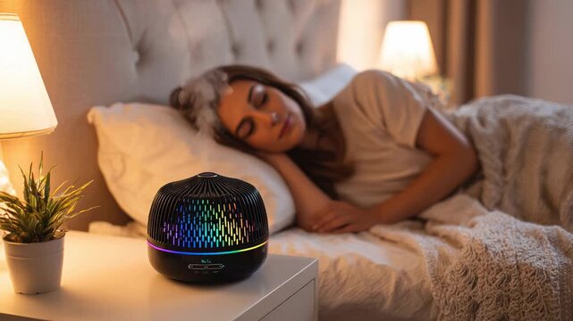 Peaceful night sleep with glowing aroma diffuser on bedside table creating calm cozy atmosphere in bedroom