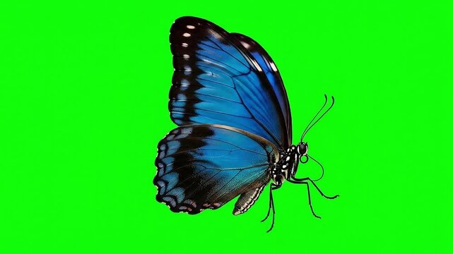 A side view of a beautiful blue butterfly, possibly a Morpho, flapping its wings on a bright green screen.