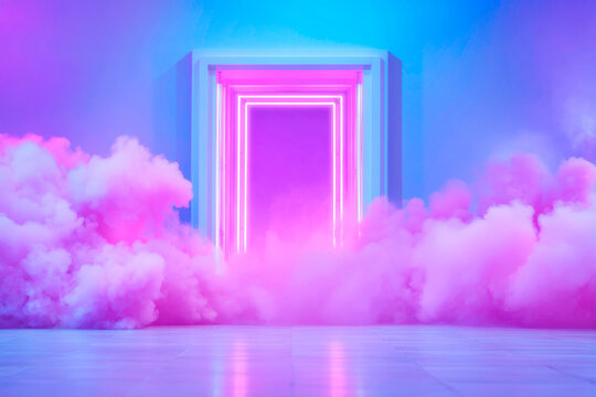Dramatic Sci Fi Stage Backdrop Illumination with Glowing Neon Lights and Billowing Smoke