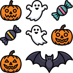 Cartoon illustrations of Halloween pumpkins ghosts candies and a bat on a white background image