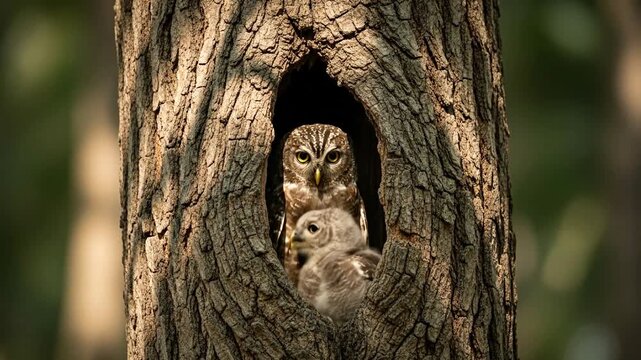 Forest owlet and chick peek from hollow tree under dappled sunlight