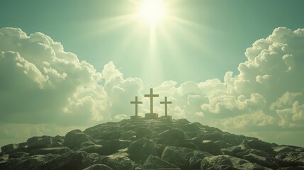 A distant view of Golgotha at sunset, featuring the silhouette of a cross symbolizing the crucifixion. The dramatic landscape, warm tones, and spiritual atmosphere 