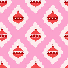 Pink Christmas Seamless Pattern with Ornaments. Playful Vintage Xmas Background with Whimsical Red Baubles and wavy shapes. Charming Festive Motif. Repeat vector illustration