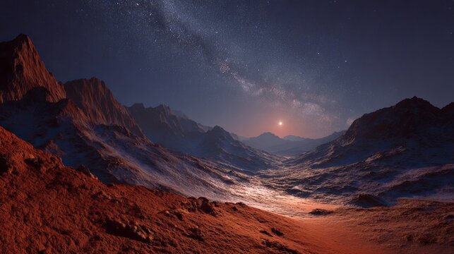 Vast alien landscape under a dazzling starry sky with distant sun setting over rugged mountains - Powered by Adobe