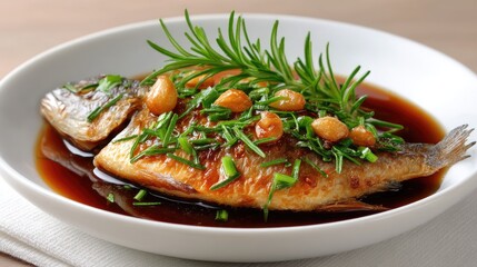A Whole Roasted Fish Cooked With Garlic Rosemary And Herbs Served In A White Bowl With Soy Sauce And A White Napkin Underneath A Studio Shot With Natural Lighting