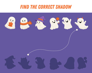 Find correct shadow of cute ghosts. Educational logical game for kids. Halloween game. Cartoon ghost in flat style. Vector
