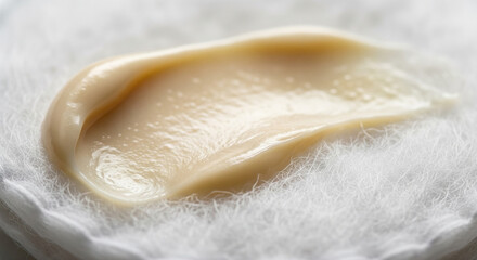 Rich Swatch of Beige Cream on Soft Cotton Texture
Extreme close-up macro shot of a thick, creamy, beige-colored cosmetic product swatch resting on a fuzzy