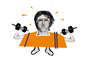 Composite photo collage of serious young sportsman pump biceps hold heavy dumbbell effort bodybuilding isolated on painted background