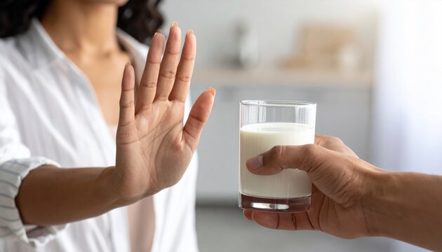 Woman's hand rejects glass of milk, representing dairy allergy, lactose intolerance, or vegan dietary choice.