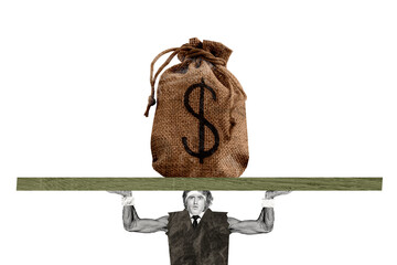 Composite photo collage of sportive businessman tear suit biceps hold big money dollar bag earn...