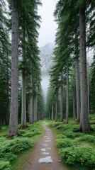Fototapeta premium A serene forest pathway lined with tall evergreen trees leading towards a misty mountain peak with dappled sunlight filtering through the dense green foliage creating a peaceful and natural atmosphere