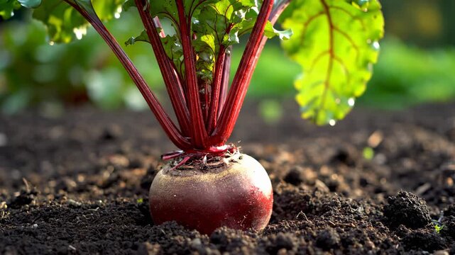 Fresh beetroot growing in rich soil. Organic farming shows healthy root vegetables. Harvest season highlights sustainability and natural beauty in gardens.