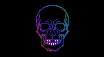 Neon Skull Illustration with Vibrant Gradient Colors on Black Background.