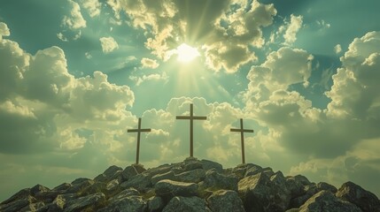 A distant view of Golgotha at sunset, featuring the silhouette of a cross symbolizing the crucifixion. The dramatic landscape, warm tones, and spiritual atmosphere 