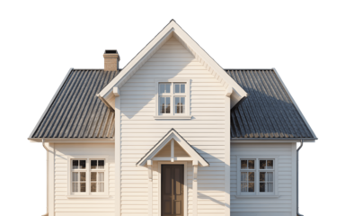 Charming white house with gray roof isolated on transparent background