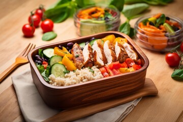 Wooden lunch box filled with grilled chicken breast, brown rice, cucumber, tomato, beans, bell peppers, and other fresh vegetables