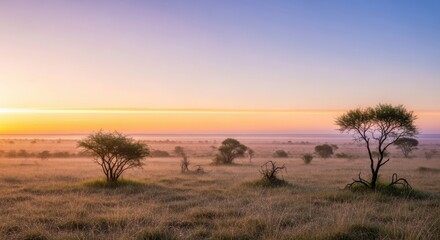Fototapeta premium Tranquil african savannah landscape at sunrise with acacia trees and vast horizon
