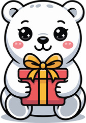 Adorable cartoon white bear holding a red gift box with a yellow bow on a white background cute