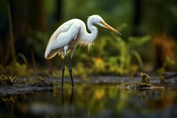 Naklejka premium Intermediate egret wades in shallow water, surrounded by lush greenery, showcasing elegance and tranquility in natural habitat