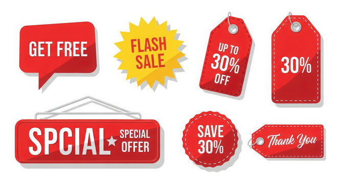 Colorful promotional tags and banners featuring discounts, offers, and sales messages in vibrant red, designed for marketing campaigns and advertising purposes with eye-catching visuals