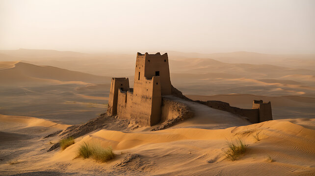 Ancient structure at Yumen Pass, China, stands tall in the desert landscape under a hazy sky.