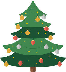 Decorative Christmas tree with colorful ornaments and garland on transparent white background