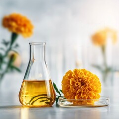 Petri dish with lutein extract, beaker of golden solution, and molecular structure illustration in background. Fresh marigold flower placed elegantly beside, minimalist bright light
