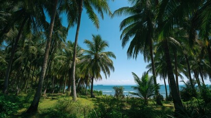 Obraz premium Palm trees reach for the sky near the coast on a bright sunny day.