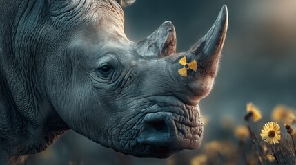 Close-up of a rhino with a radioactive symbol on its horn. Conceptual art for an anti-poaching project using trace detection for wildlife preservation.