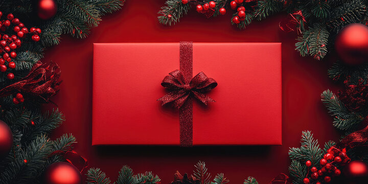 Gift certificate mockup with festive pine branches, red berries, ornaments, presenting spacious area for personalized holiday message against warm seasonal background