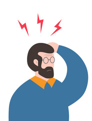Man suffering from headache, holding head with hands.