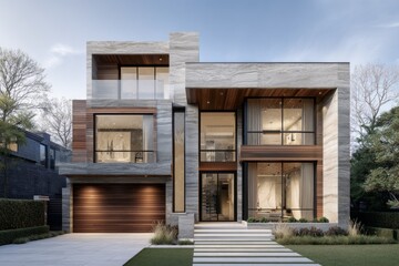 Modern luxury residence with natural stone and wood accents.