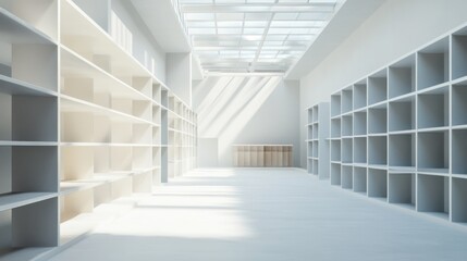 Obraz premium Empty White Room with Shelves and Skylight: Minimalist Architecture Interior Design