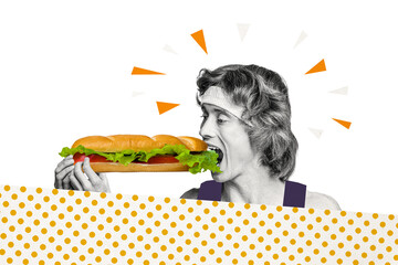 Composite photo collage of serious sportsman eat huge sandwich diet cheat meal nutrition harmful...