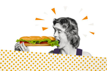 Composite photo collage of serious sportsman eat huge sandwich diet cheat meal nutrition harmful fast food isolated on painted background