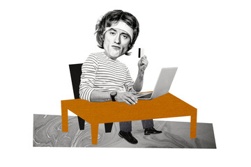 Composite photo collage of successful businessman hold credit card freelance income remote work...