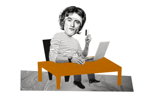 Composite photo collage of successful businessman hold credit card freelance income remote work laptop isolated on painted background