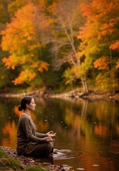 Meditation by autumn lake for international stress awareness day reflection and relaxation