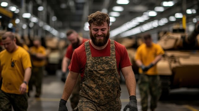 A joyful worker concludes their shift in a bustling industrial environment, radiating positivity and contentment, symbolizing the satisfaction found in hard work and community spirit.