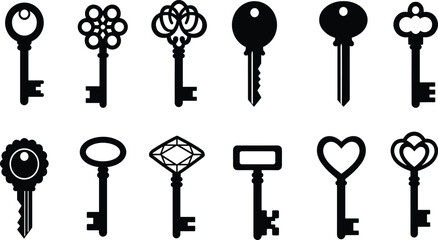 Vintage key collection, ornate key silhouettes, antique lock designs, decorative key shapes, retro key icons, vector illustration, isolated on white background
