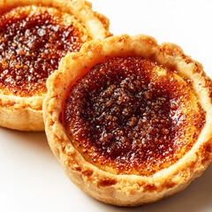 Closeup of two delectable butter tarts with flaky crusts and glistening, caramelized filling, showcasing their rich, sweet flavor and inviting texture