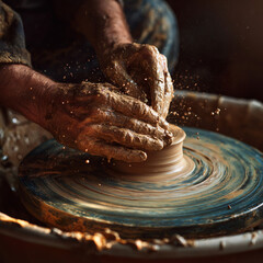 Hands skillfully shaping clay on a spinning pottery wheel, showcasing the artistry and craftsmanship involved in creating beautiful, handmade ceramic pieces