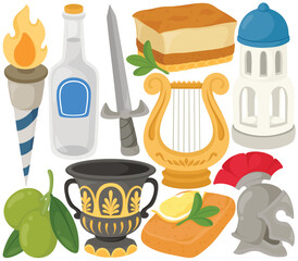 Vector Greece Clip Art Set Ancient Elements Olympic Torch Ouzo Lyre Vase Food Helmet Temple Sword Illustration Isolated on White Background Graphic Greek Mythology Athens